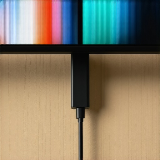 A detailed close-up of a premium USB-C cable plugged into a docking station with dual 6K monitors in the background.