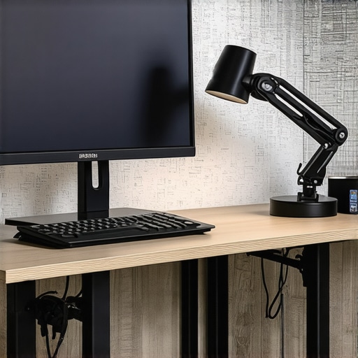 A professional desk with an adjustable monitor arm, desk lamp, and cable management for optimal webcam placement.