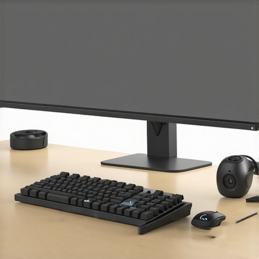 An ergonomic workspace with coordinated monitors, lighting, and cable management.
