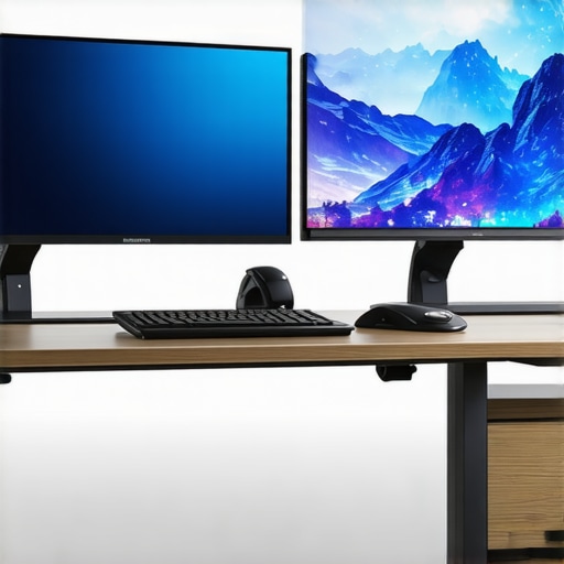 An ergonomic workspace featuring high-CRI LED lighting, adjustable monitor stand, and soft ambient room lighting