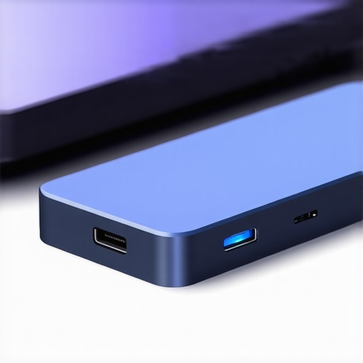 A close-up image of a USB-C dock placed on a clean, organized office desk, showing ports and LED indicators.