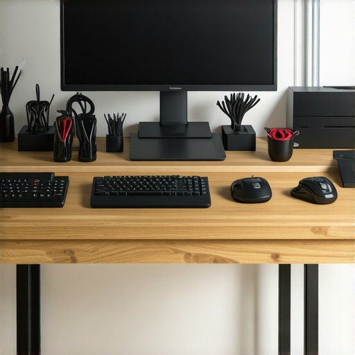 A tidy office desk featuring calibration devices, cable management, and cleaning supplies for optimal workspace maintenance