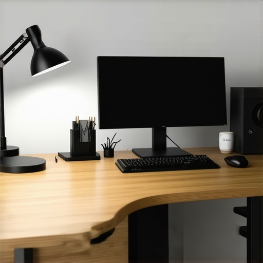 A tidy desk with a high-quality LED lamp, neatly arranged cables in magnetic trays, adjustable monitor arm, and ergonomic accessories.