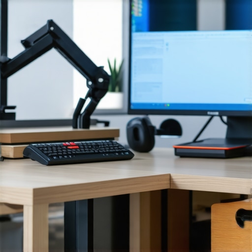 A photograph showcasing a neat desk setup with managed cables, adjustable monitor arm, and modern lighting