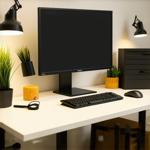 A professional workspace showcasing layered lighting, ergonomic monitor placement, and organized desk accessories.
