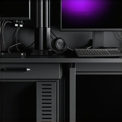 A tidy computer workspace featuring well-organized cables running through clips and under-desk trays for safety and aesthetics.