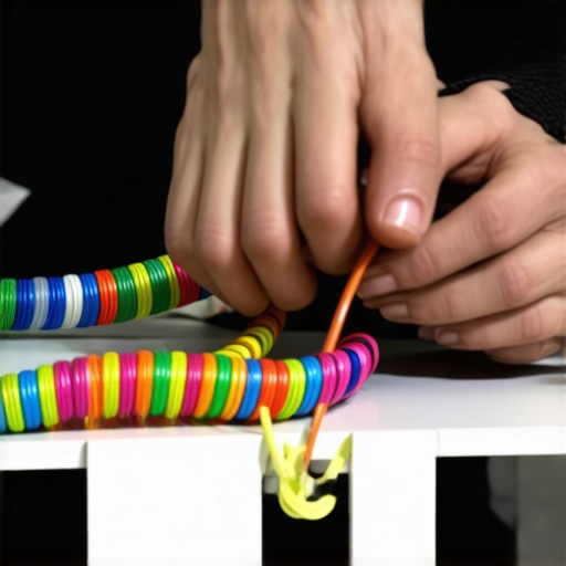 Coiled cables with spiral wrap and Velcro ties on a workspace. Hands shaping flexible cables into coils with accessories on a desk.