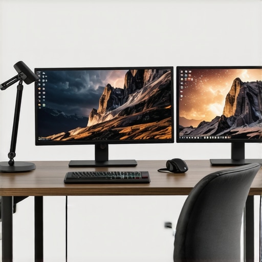 A tidy workspace featuring dual monitors, a USB-C dock, adjustable lamp, and organized cables