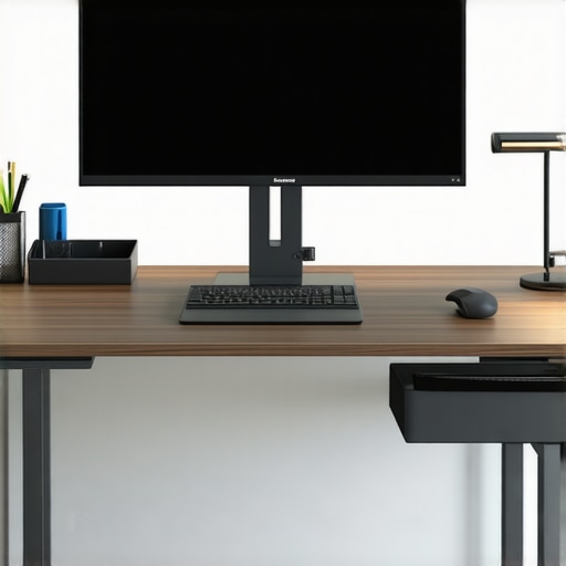 Ergonomic Desk Setup with Office Accessories Modern desk with ergonomic accessories and proper lighting setup.
