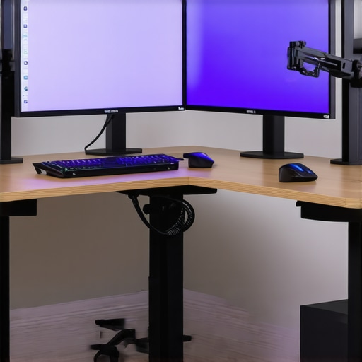 Ergonomic Office Desk with Proper Accessories A well-organized ergonomic office desk featuring adjustable monitors, cable management, and ambient lighting.