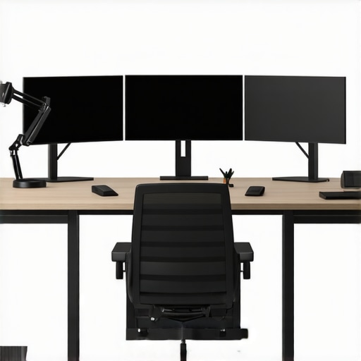 A modern ergonomic workspace featuring three aligned monitors with adjustable arms, diffused lighting, and organized cables.