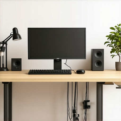 A clean, organized desk with adjustable monitor height, desk lamp, and cable management