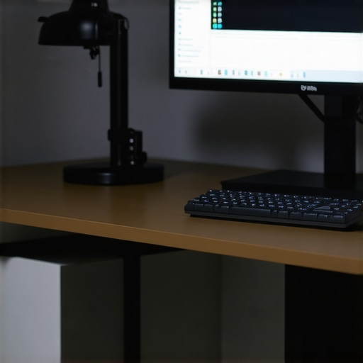 A clean desk setup featuring an ultrawide monitor, ergonomic chair, and adjustable lighting.