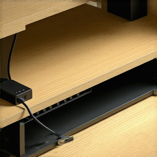 Under-desk tray neatly hiding a power brick and organizing cables
