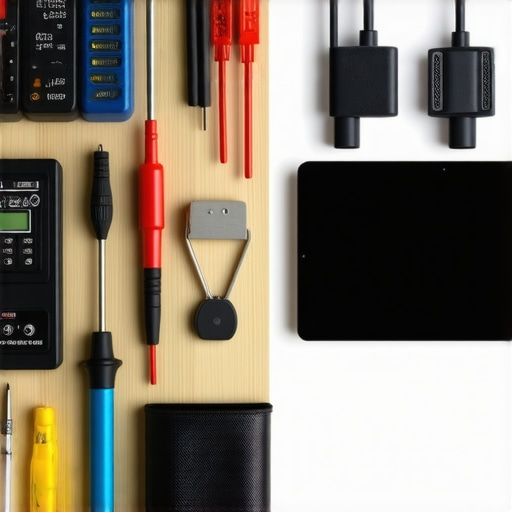 A tidy desk with calibration equipment, neatly managed cables, and a bright adjustable desk lamp, illustrating workspace maintenance techniques.