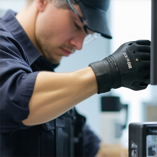 Monitor Arm Maintenance A person using a torque wrench to tighten a monitor arm in a tidy office