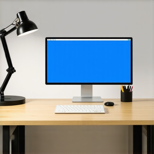 A desk workspace showing a lamp positioned to the side with minimal glare on the monitor