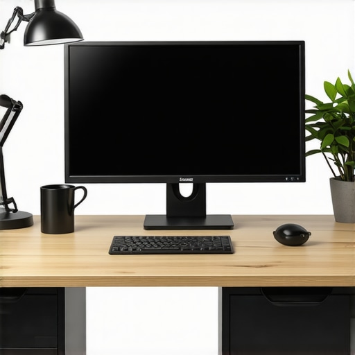 An ergonomic desk with adjustable lamp, monitor, and workspace optimized for eye comfort.