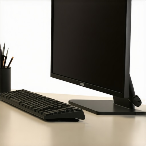 A modern office desk showing an adjustable LED light bar tilted away from the monitor to prevent glare