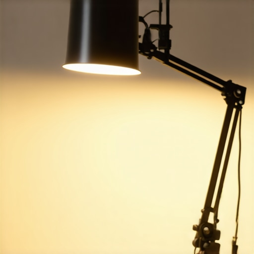 Optimized Desk Lamp Positioning Modern workspace with an adjustable desk lamp positioned to reduce glare and provide warm light