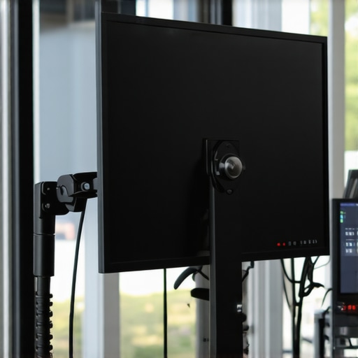 A neatly organized desk with a properly aligned monitor on an adjustable arm, showcasing tidy, organized cables connected via high-quality HDMI cable.