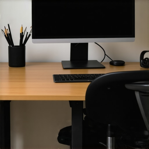 Optimized Office Desk Setup for Productivity A modern, ergonomic office desk setup with adjustable monitor, proper lighting, and organized accessories