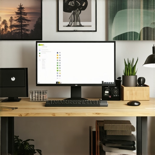 A modern ergonomic office setup demonstrating a high-quality monitor, proper lighting, and organized desk accessories.