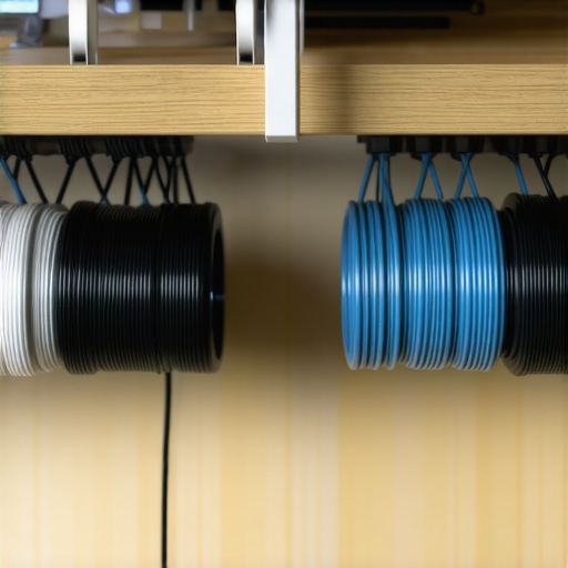 Clean and tidy cables secured under a desk using tension rods.