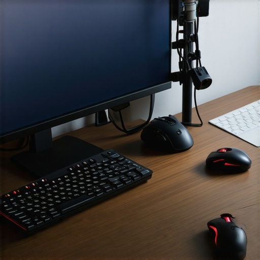 A modern, tidy workspace featuring a high-resolution monitor, organized cables, and ergonomic accessories.