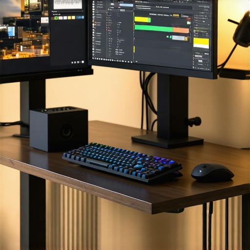 Organized Modern Workspace with USB-C Dock A sleek desk setup featuring a USB-C dock connecting multiple devices with organized cables and adjustable lighting.