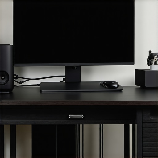 A sleek desk setup with neatly organized cables, a monitor, and USB-C dock