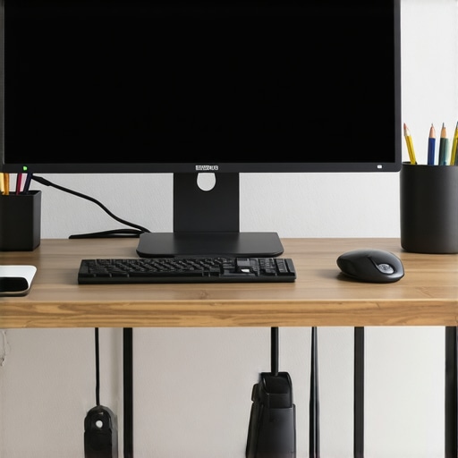Organized and Well-Maintained Office Setup A tidy office desk featuring neatly managed cables, a monitor, USB C dock, and cleaning supplies