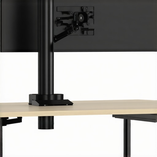 Detailed photo of a reinforced clamp securing a heavy monitor arm on a slim desk with support plates