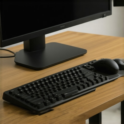Desk setup demonstrating anti-slip pads and stabilized monitor stand