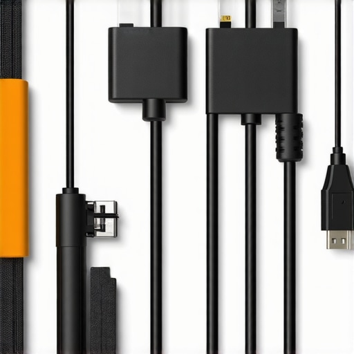 Stylish Cable Management on a Modern Desk Close-up of sleek, organized cables with sleeves and clips on a minimalist workstation