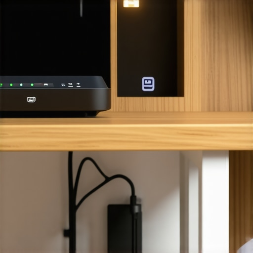 A sleek wooden box hiding a Wi-Fi router on a tidy desk with organized cables.