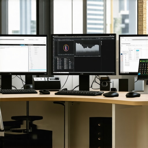 A Modern, Maintained Workspace A desk setup featuring monitors with system diagnostics and organized accessories.