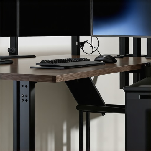 A sleek ergonomic desk setup with adjustable lighting, dual monitors, and organized cables.
