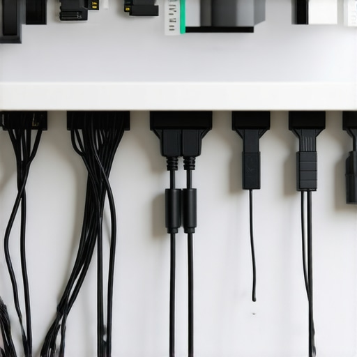 organized cables secured along the wall behind a modern white desk