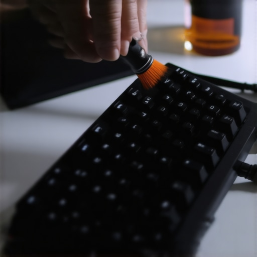 Cleaning a Mechanical Keyboard Person cleaning a mechanical keyboard with a soft brush and alcohol in a well-lit workspace