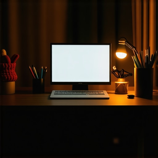 Cozy winter workspace with insulated desk and warm lighting Warmly lit home office with insulated desk, cozy accessories, and winter decorations.