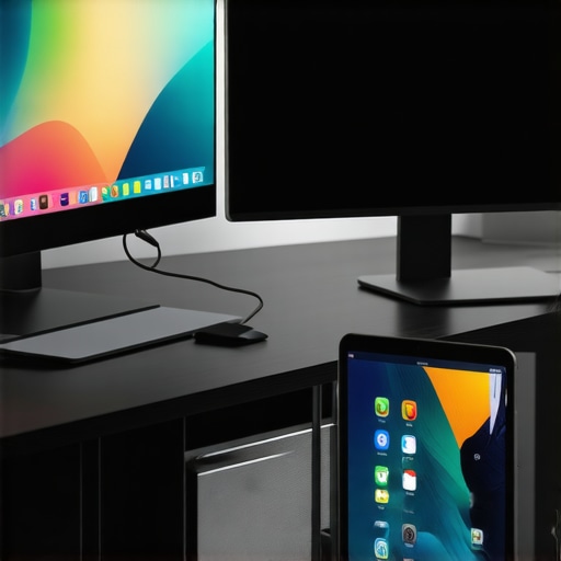 A sleek office desk with a computer monitor and a tablet positioned on a stand, both displaying productivity apps, connected neatly with cables.