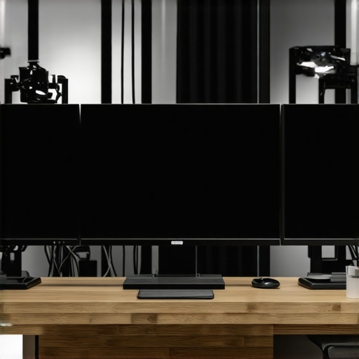 Efficient Desk Management Tools A neatly organized workspace showcasing cable management, adjustable monitor arms, and ambient desk lighting