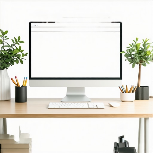 A sleek, clean desk with a high adjustable monitor, organized accessories, and optimal lighting for productivity.