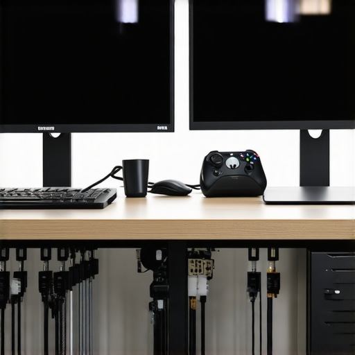 A clean, organized office desk with dual monitors, adjustable desk lamp, and cable management tools