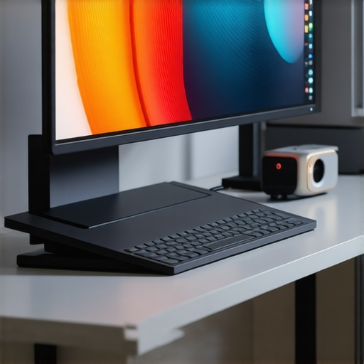 A well-organized desk showcasing a USB-C dock, adjustable monitor arm, ergonomic keyboard, and smart LED lighting.