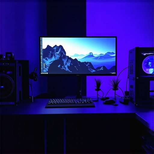 Ergonomic Desk Setup with Good Lighting and Cable Management A clean and organized ergonomic workspace with a monitor, adjustable lighting, and cable management tools.
