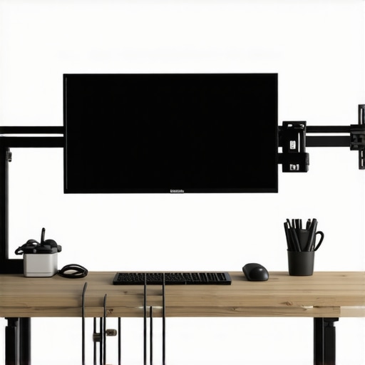 A clean and organized ergonomic office workspace with adjustable monitor, lighting, and cable management.