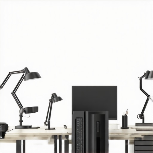 Ergonomic Office Workspace with Modern Accessories A clean, organized office desk setup equipped with adjustable lighting, cable management, and latest monitors.