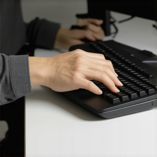 Person setting their keyboard tray to elbow level for ergonomic comfort